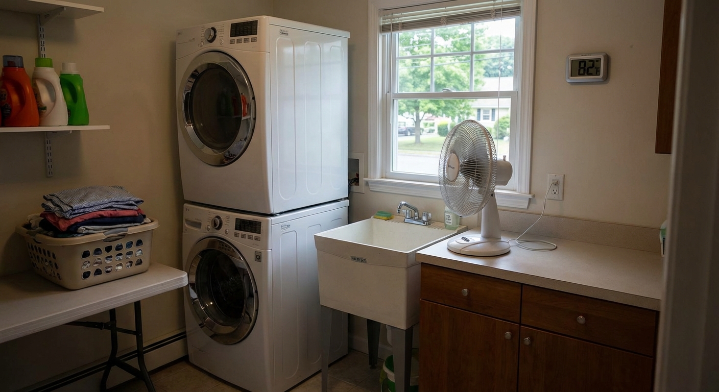 Laundry room cooling solutions in Norwalk, including fans and portable AC for hot laundry rooms